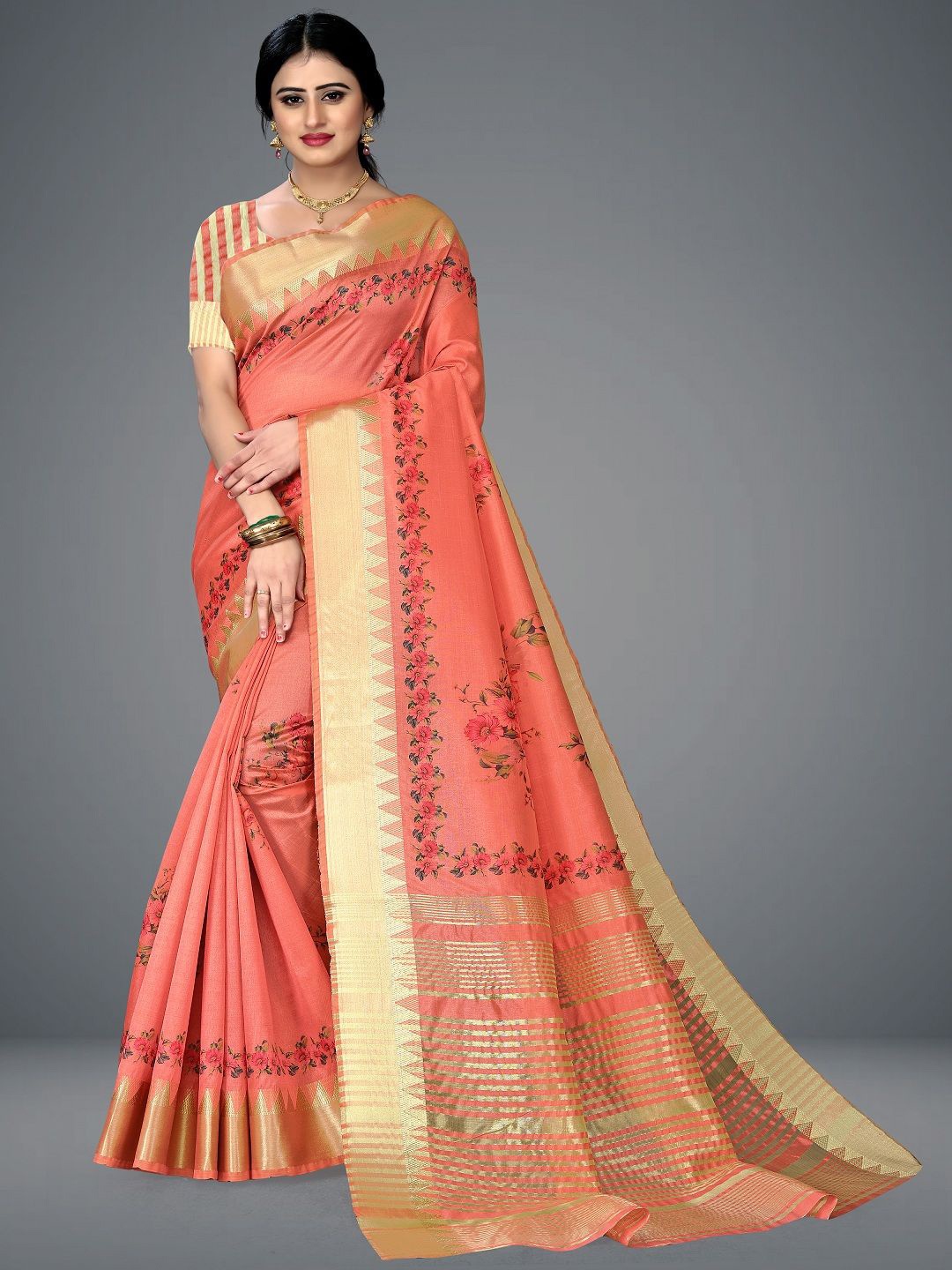 

THE WOMEN DECOR Floral Zari Pure Cotton Maheshwari Saree, Peach
