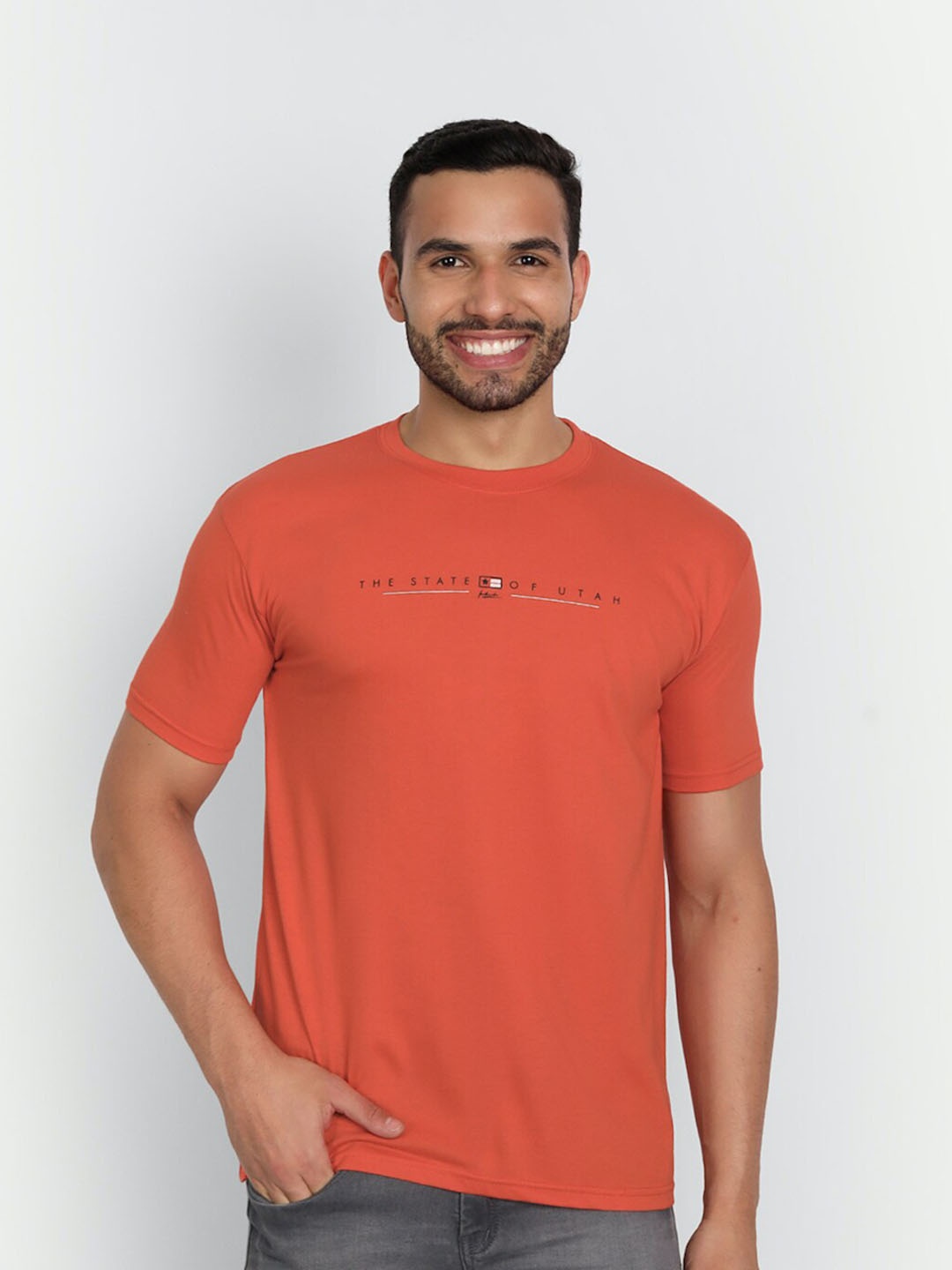 

ZEFFIT Typography Printed Round Neck Short Sleeves Cotton T-shirt, Rust