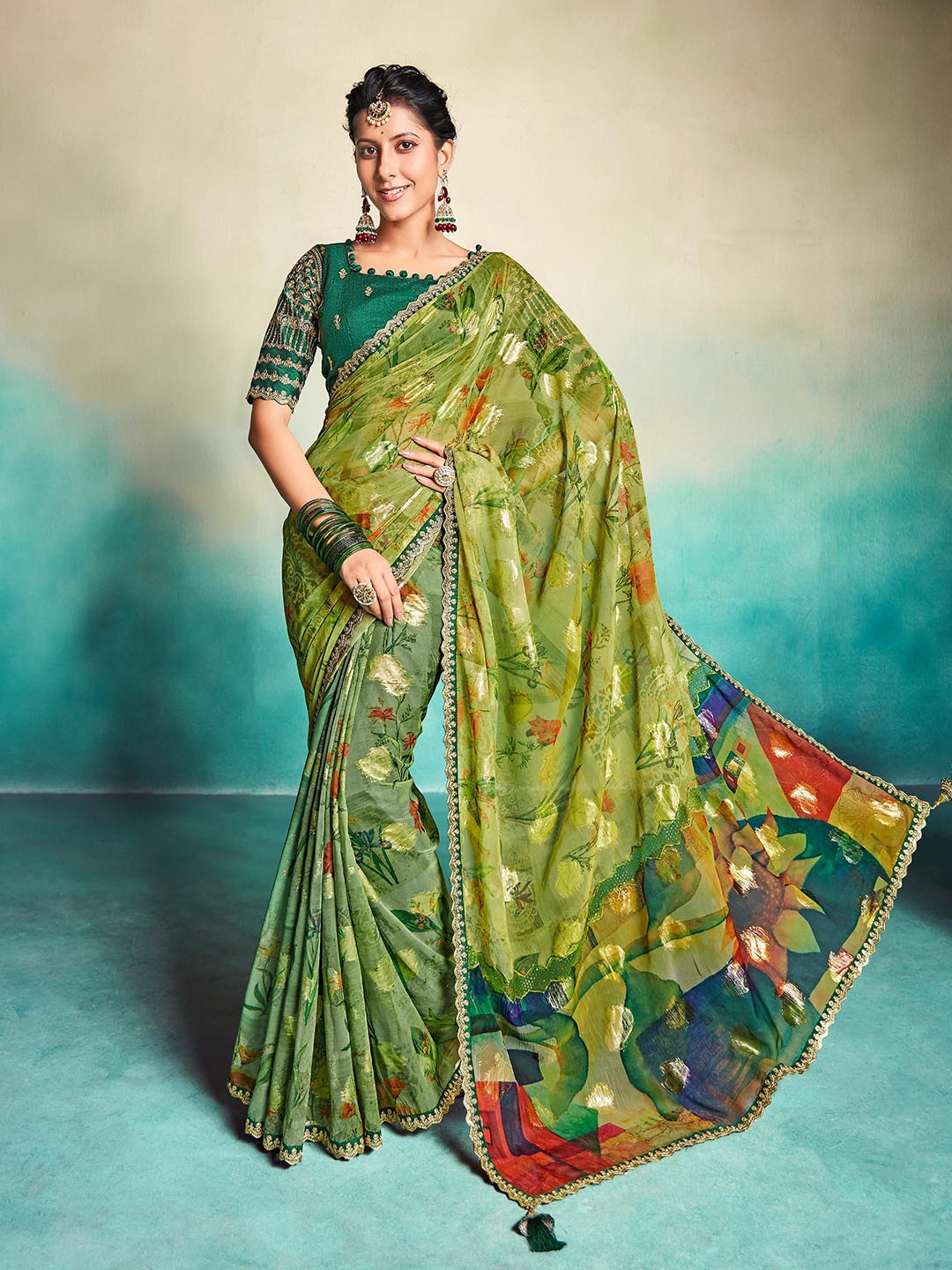 

ALAGINI Ethnic Motifs Embroidered Pure Georgette Saree, Lime green