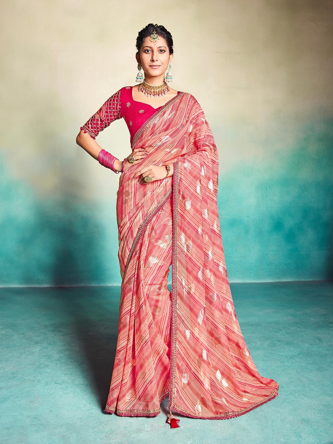 ALAGINI Striped Embroidered Pure Georgette Saree, Coral