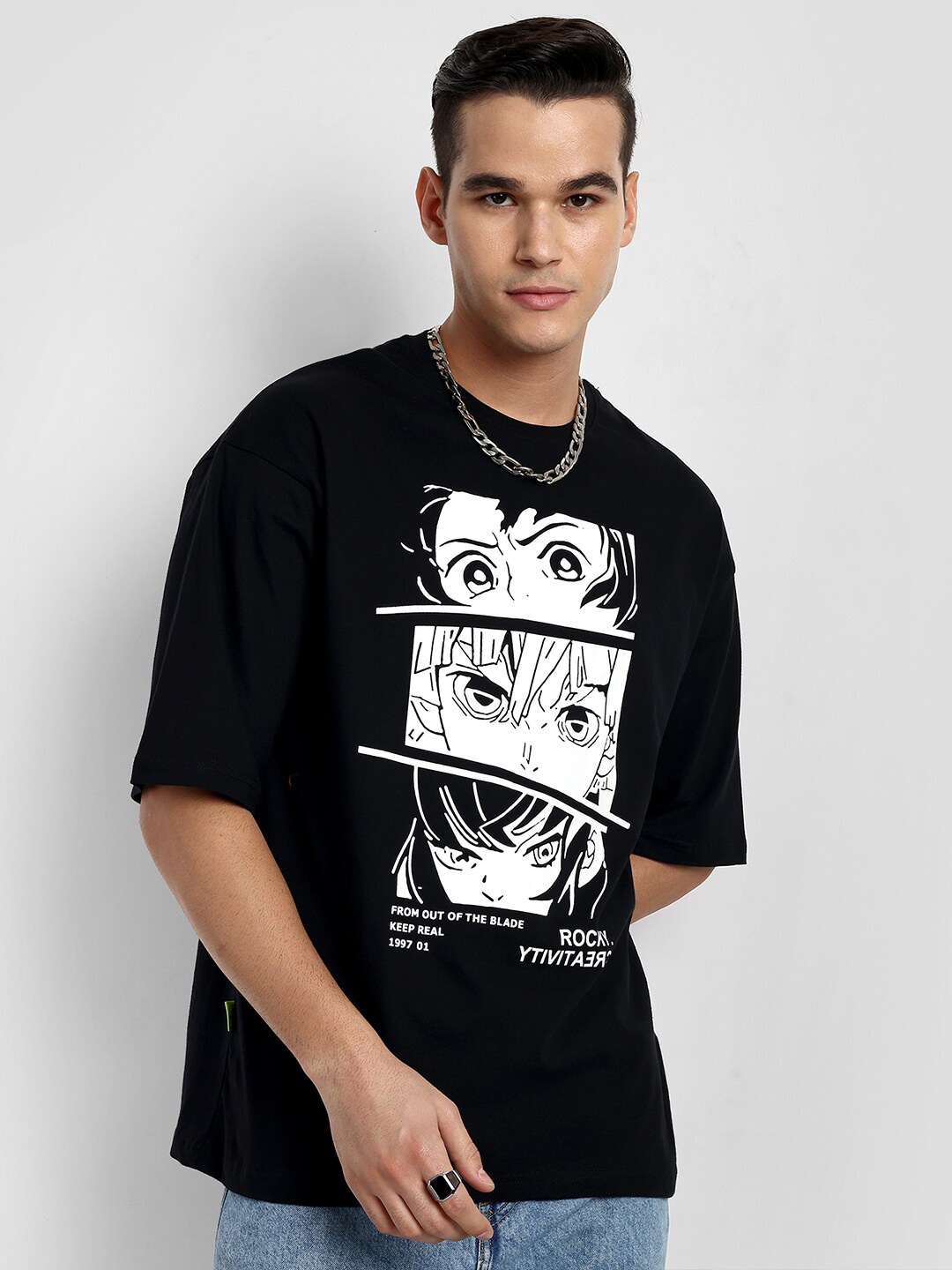 

THALASI Graphic Anime Printed Round Neck Oversized T-shirt, Black