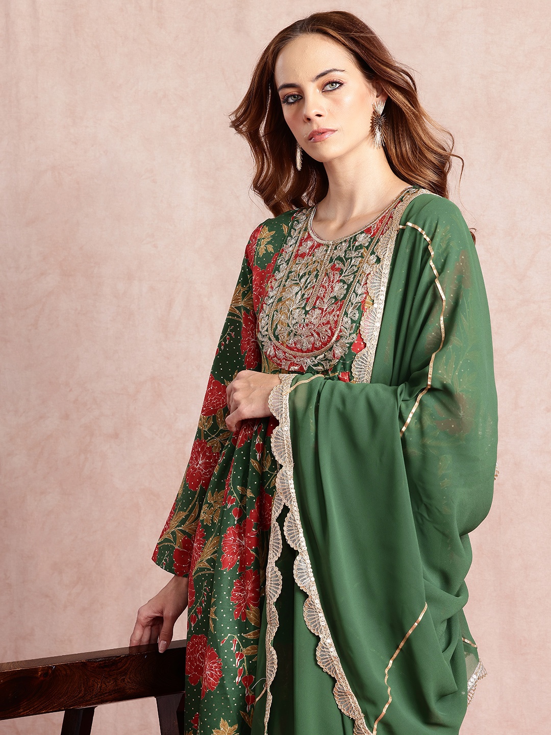 

all about you Floral Printed Panelled Gotta Patti Kurta With Trousers & Dupatta, Green