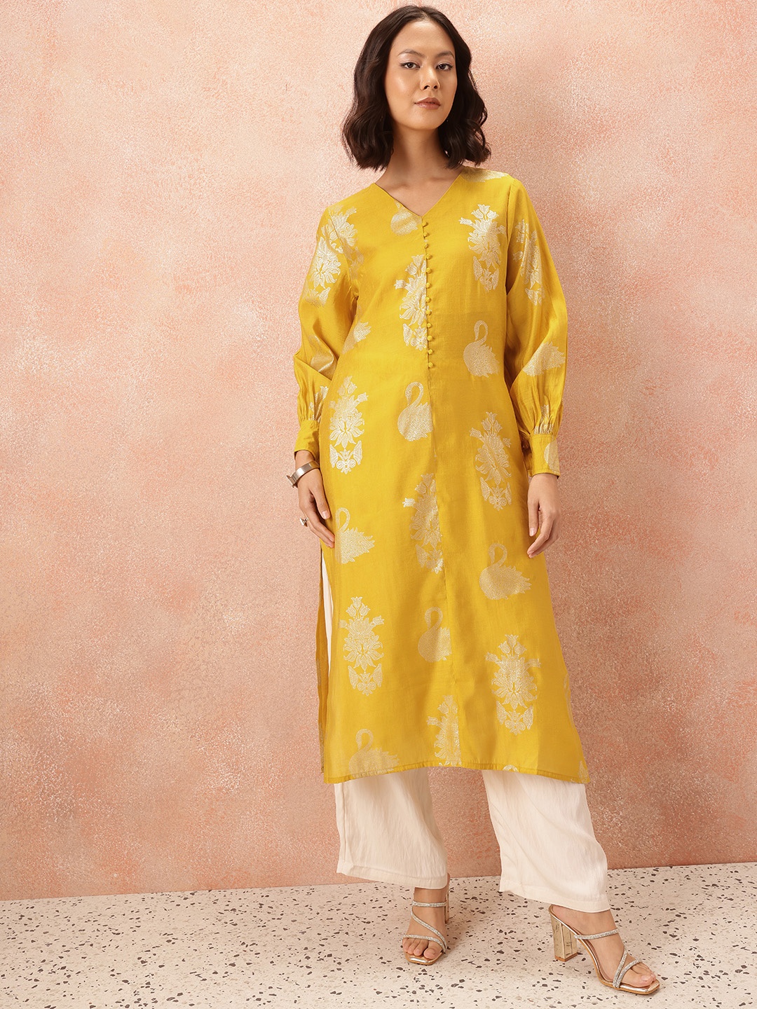 

all about you Ethnic Motifs Print Straight Kurta, Mustard