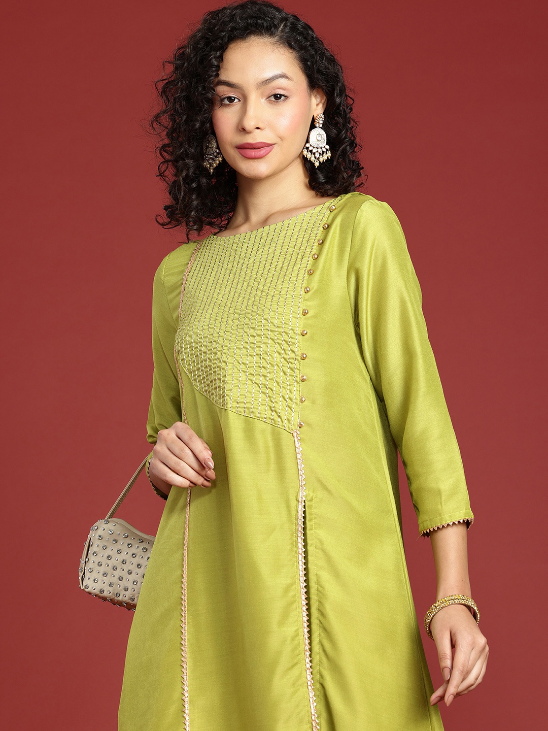 

all about you Ethnic Motifs Embroidered Regular Kurta with Trousers, Green