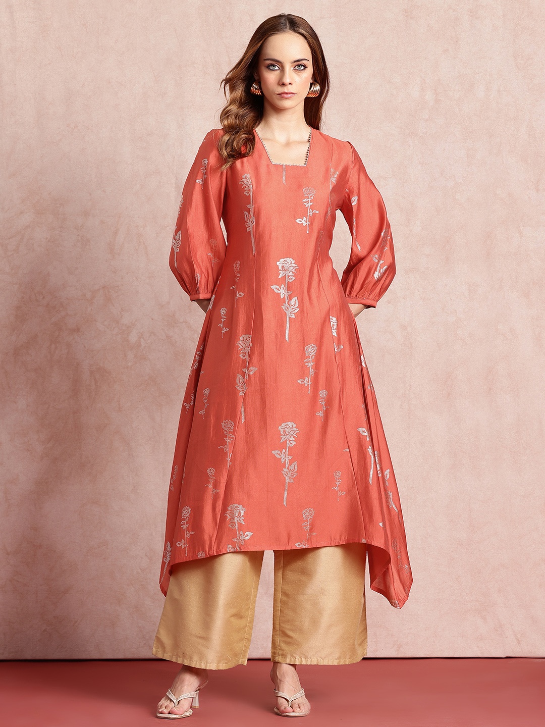 

all about you Floral Printed Gotta Patti Kurta, Rust