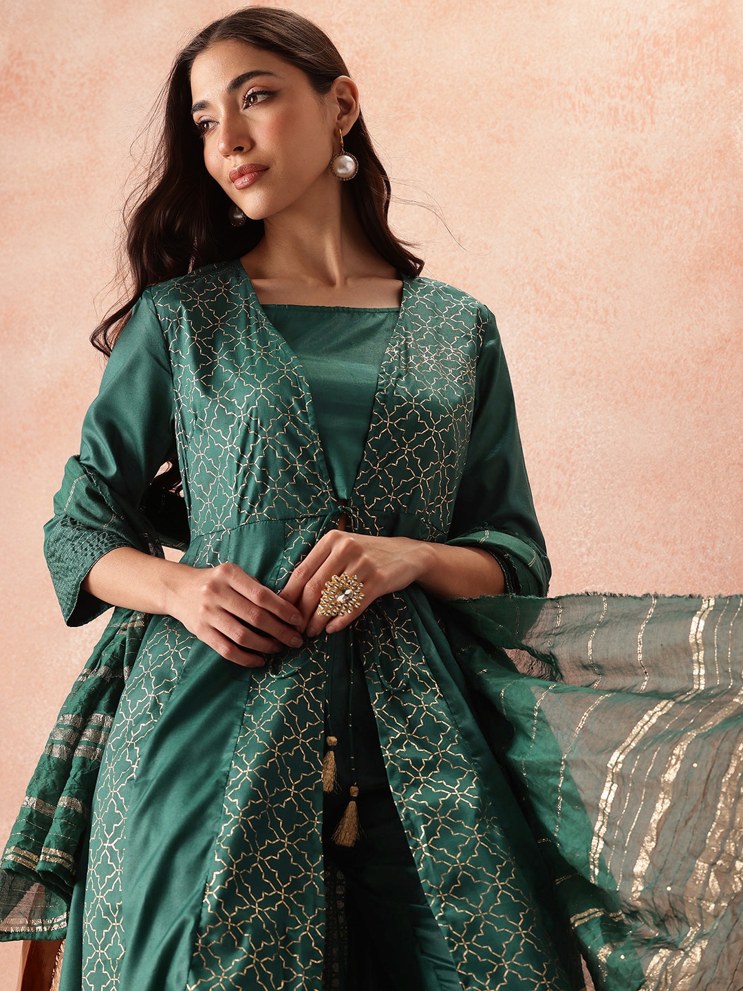 

all about you Foil Printed Empire Kurta Sets With Dupatta, Green