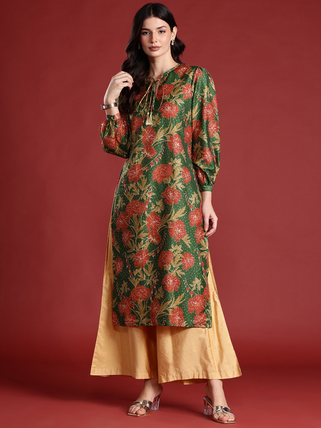 

all about you Floral Print Tie-Up Neck Kurta, Green