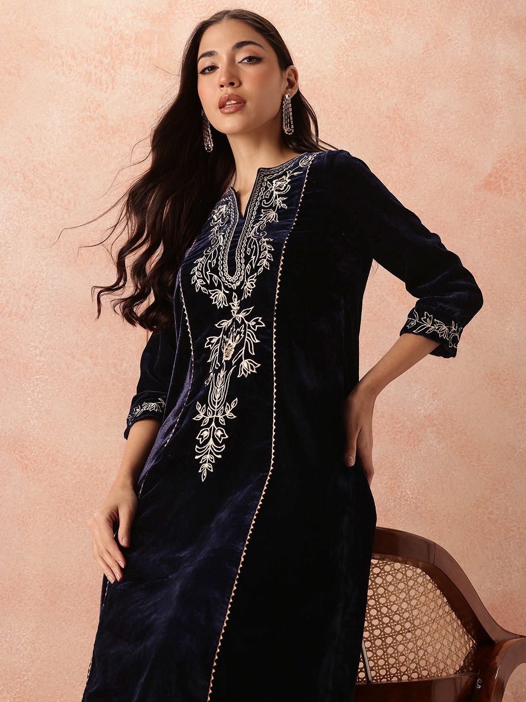 

all about you Velvet Finish Floral Embroidered Gotta Patti Kurta with Trousers, Navy blue