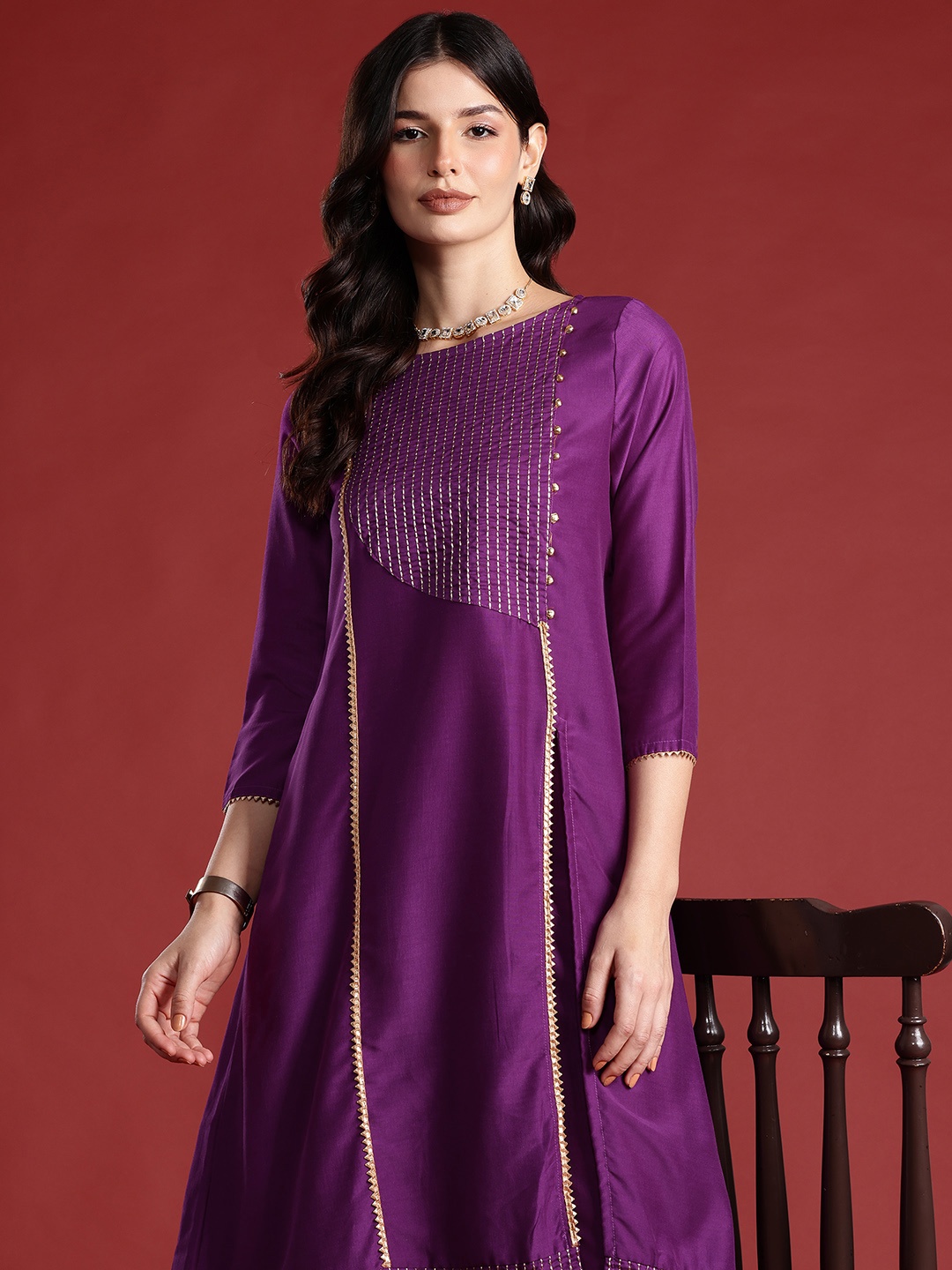 

all about you Zari Embroidered High Slit Kurta with Trousers, Purple