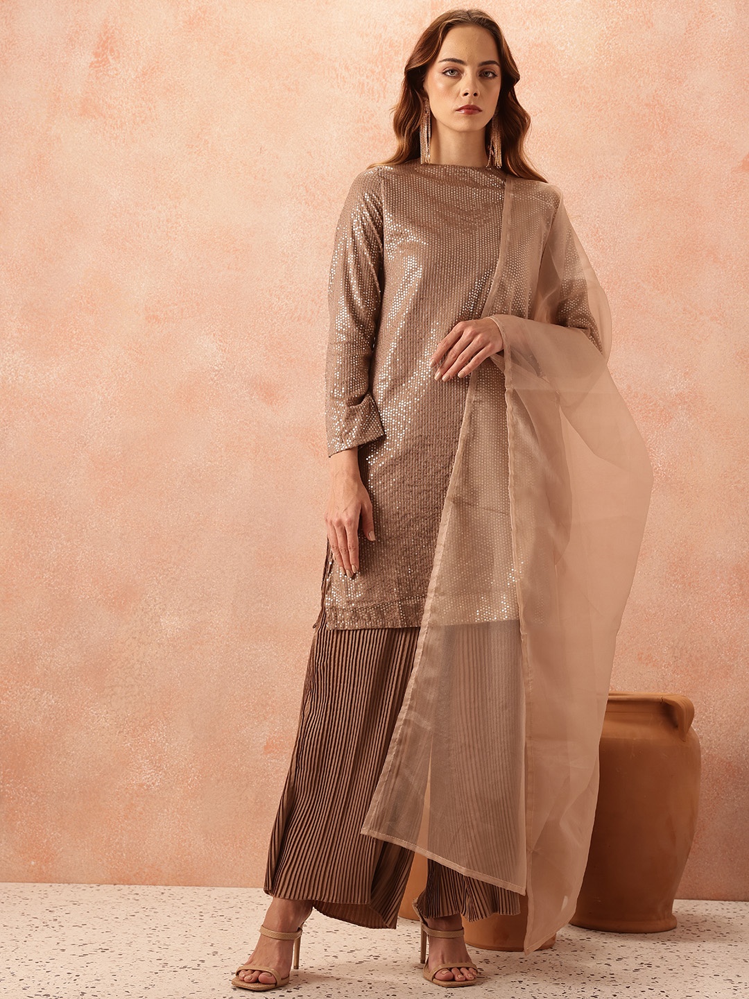 

all about you Sequined Detailed Straight Kurta With Palazzo & Dupatta, Brown