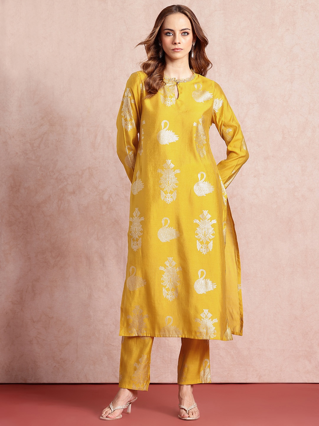 

all about you Ethnic Gotta Patti Indie Floral Print Kurta with Trousers, Yellow