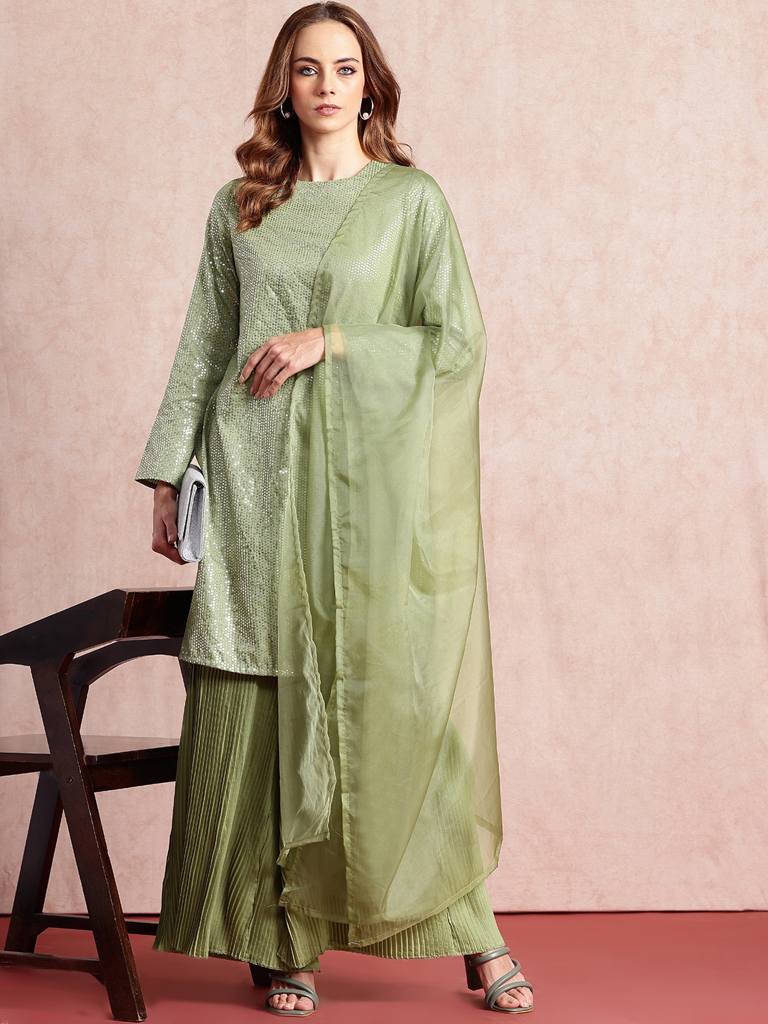 

all about you Sequinned Detail Kurta with Trousers & Dupatta, Green