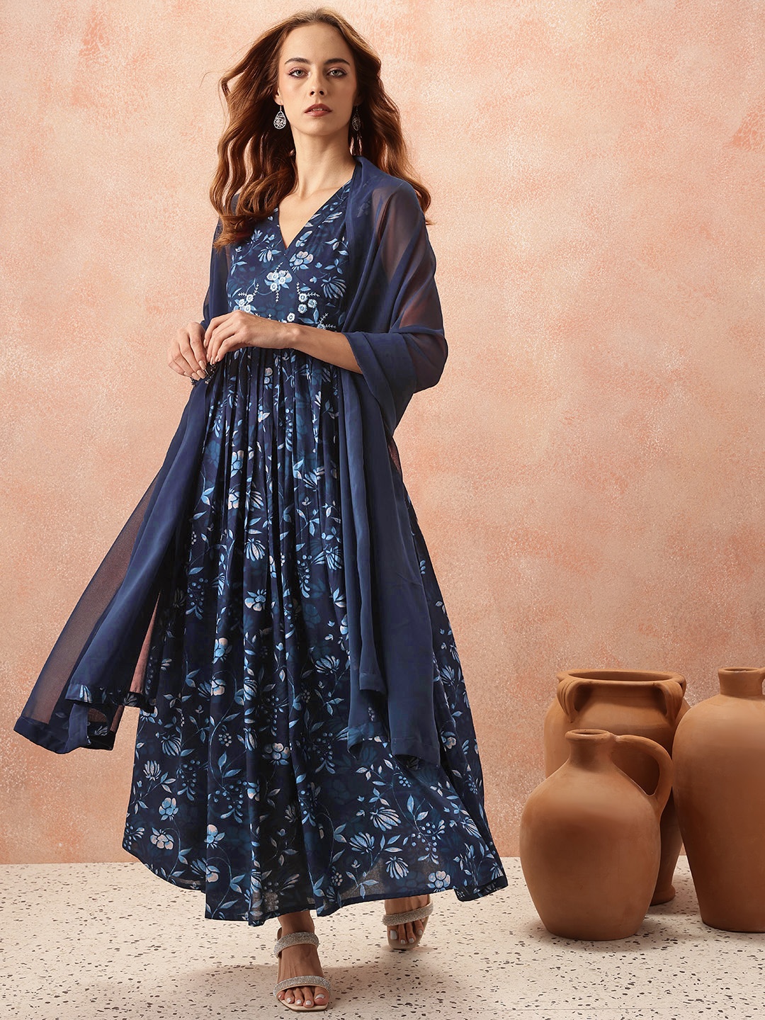 

all about you Floral Print Flared Ethnic Dress With Dupatta, Navy blue