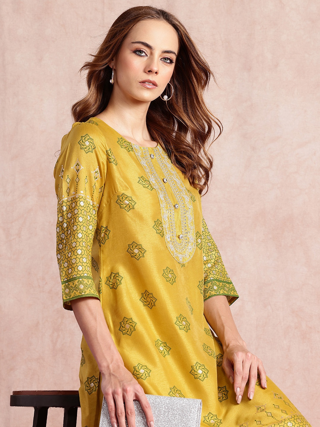 

all about you Ethnic Motifs Print Zari Detail Kurta with Palazzos, Yellow