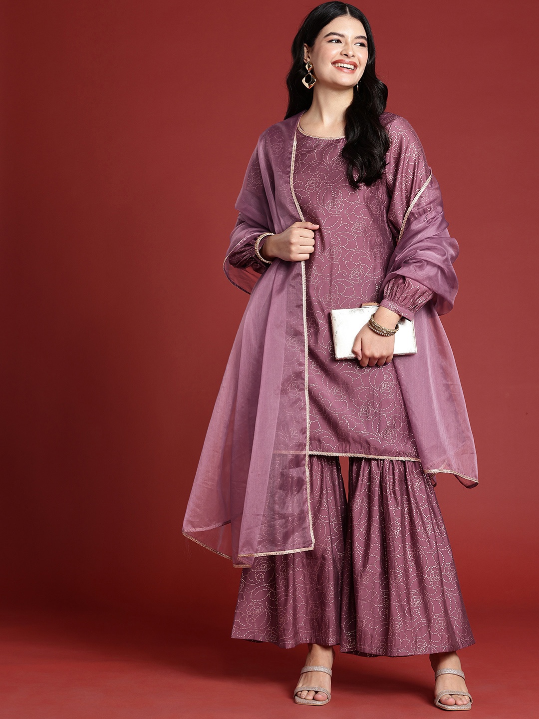 

all about you Floral Printed Straight Kurta With Sharara & Dupatta, Purple