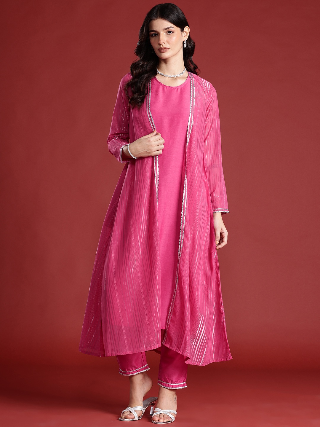 

all about you Gotta Patti Detail Kurta with Trousers & Shrug, Pink