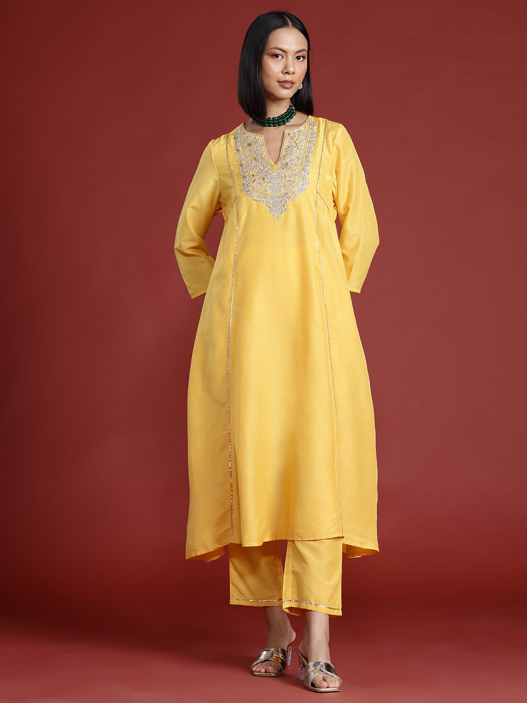 

all about you Zari Yoke Design Panelled Kurta with Trousers, Yellow
