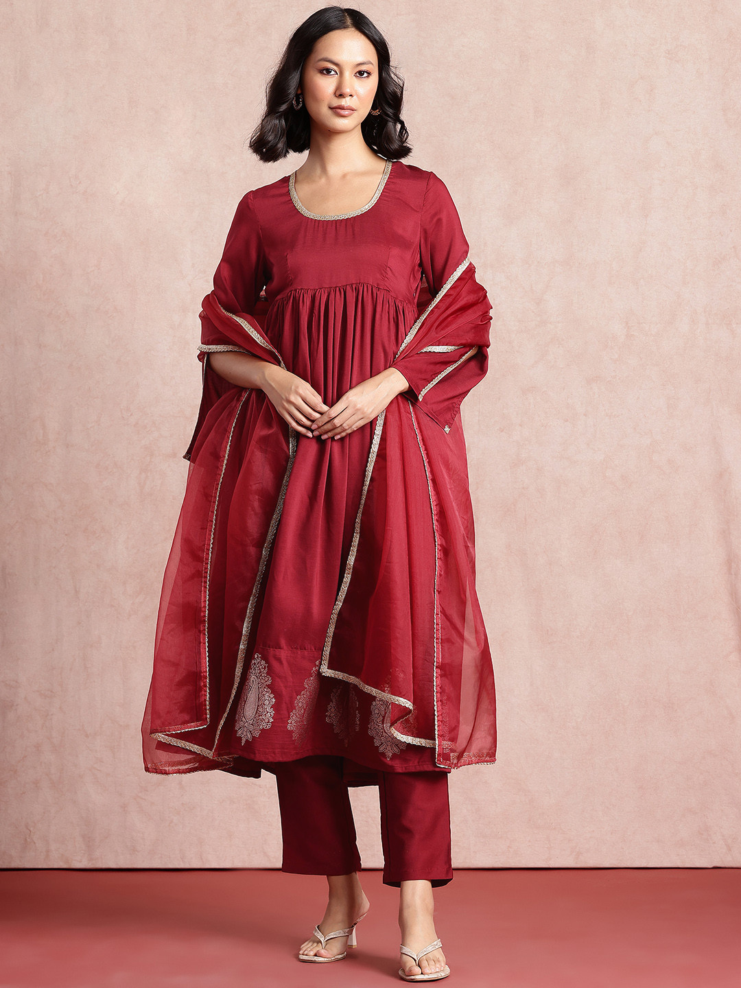 

all about you Pleated Anarkali Kurta with Trousers & Dupatta, Red