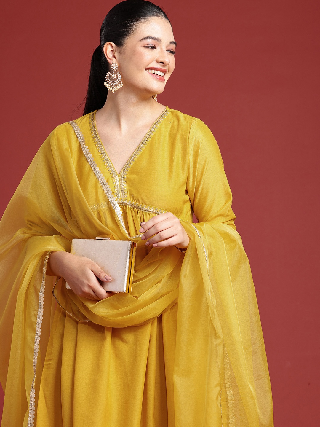 

all about you Empire Sequinned Kurta with Trousers & With Dupatta, Mustard