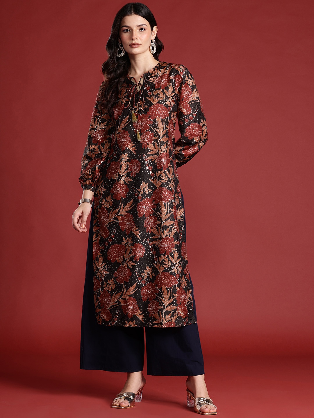 

all about you Floral Print Tie-Up Neck Kurta, Black