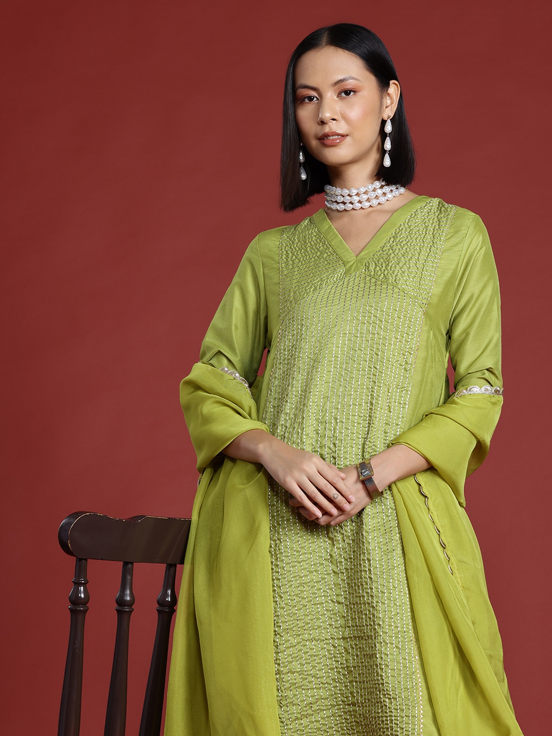 

all about you Zari Embroidered Striped A-Line Kurta with Trousers & Dupatta, Green