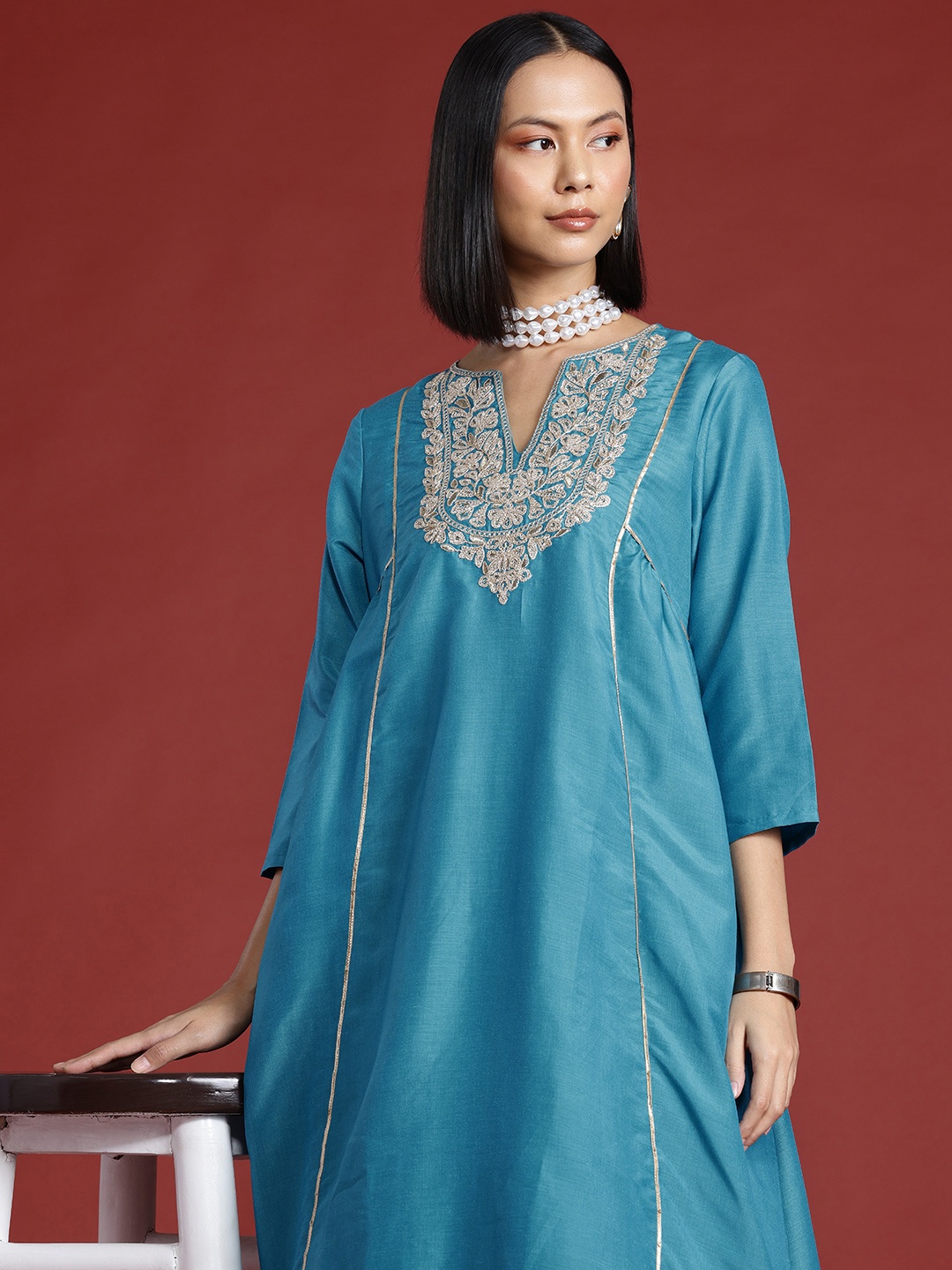 

all about you Zari Yoke Design Panelled Kurta with Trousers, Turquoise blue