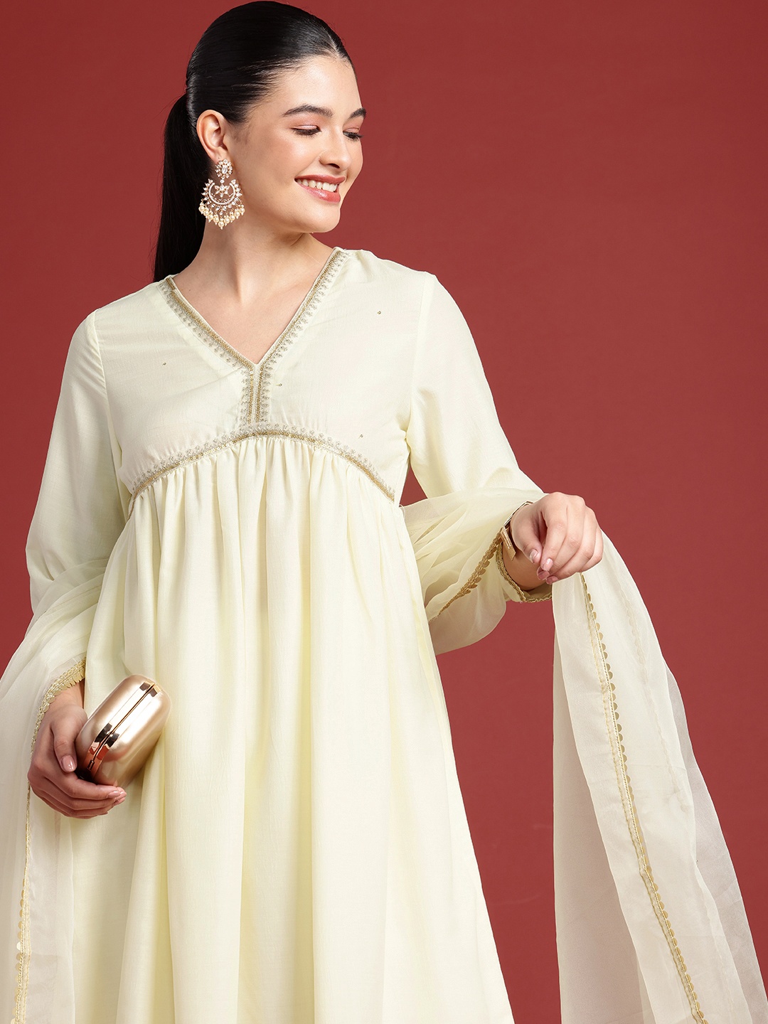 

all about you Empire Sequinned Kurta with Trousers & With Dupatta, Off white