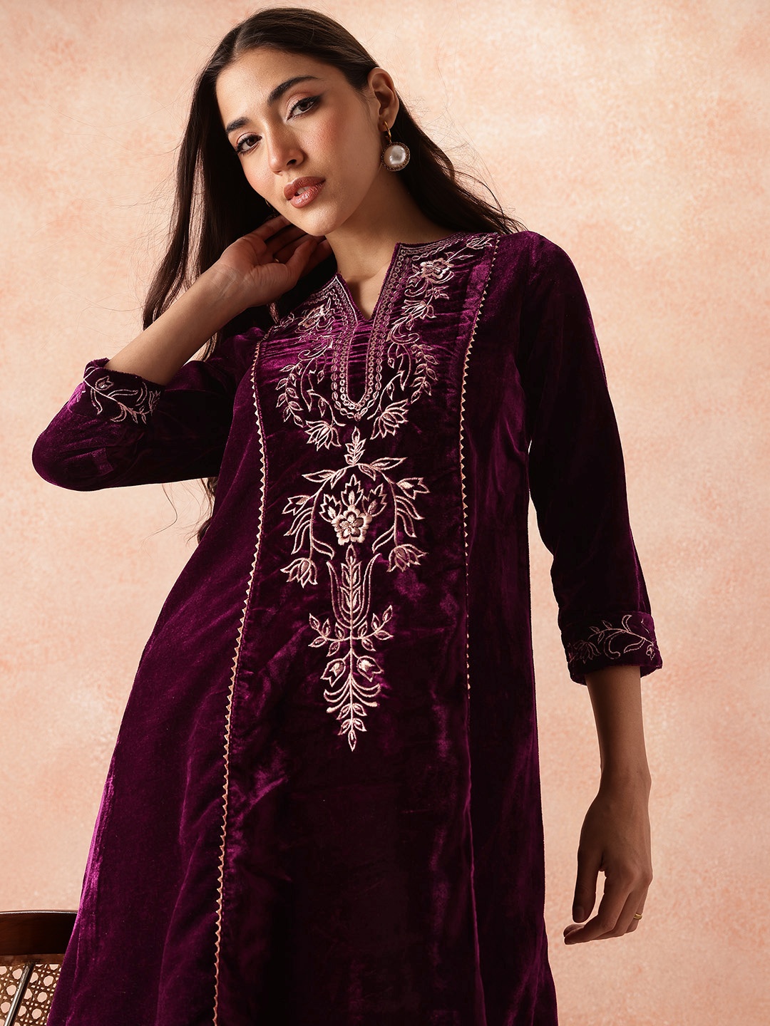 

all about you Velvet Finish Floral Embroidered Gotta Patti Kurta with Trousers, Maroon