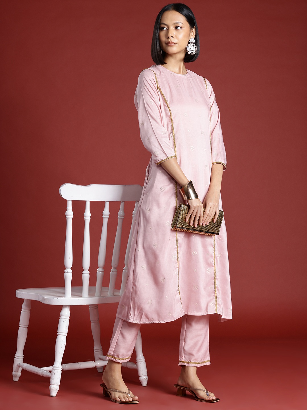 

all about you Printed Panelled Thread Work Kurta with Trousers, Pink