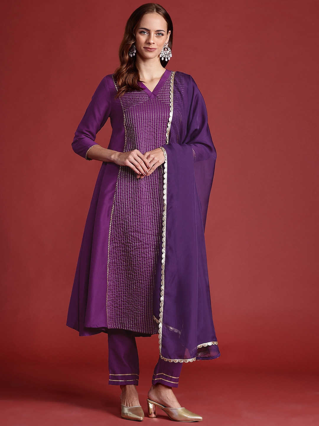 

all about you Panelled Gotta Patti Thread-Work Kurta with Trousers & Dupatta, Purple