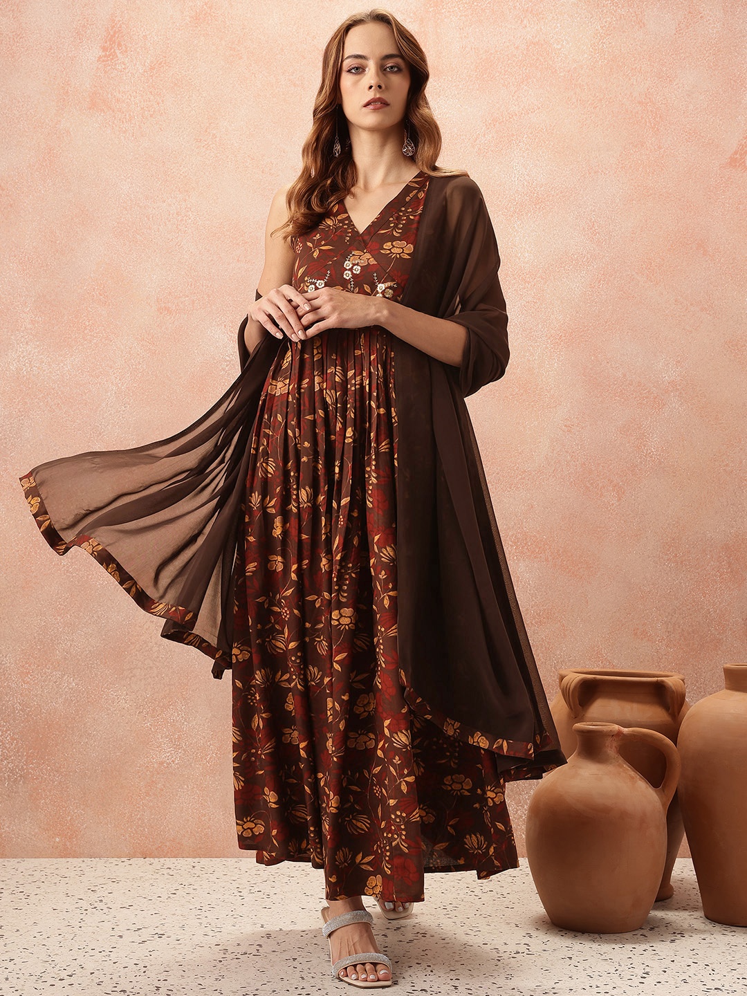 

all about you Floral Print Flared Ethnic Dress With Dupatta, Brown