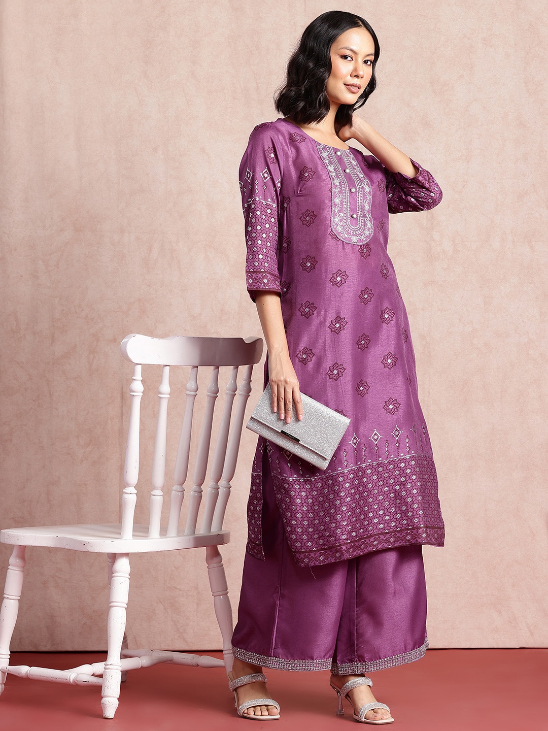

all about you Ethnic Motifs Print Thread-Work Kurta with Palazzos, Purple