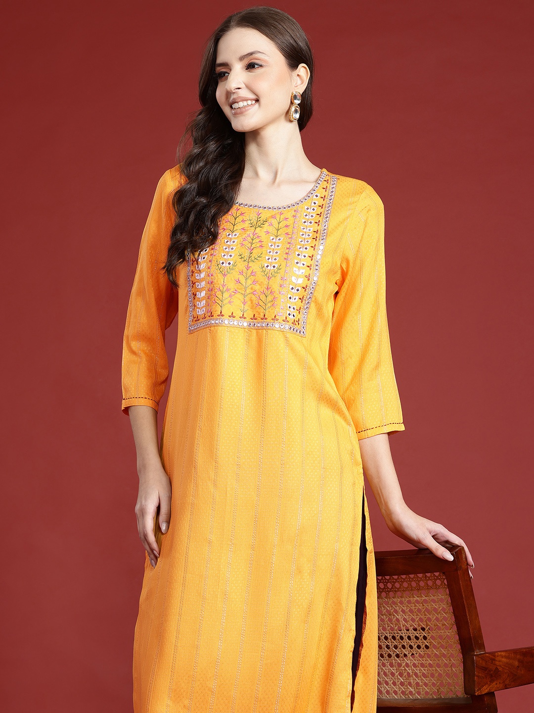 

Anouk Women Embellished Mirror Work Kurta, Mustard