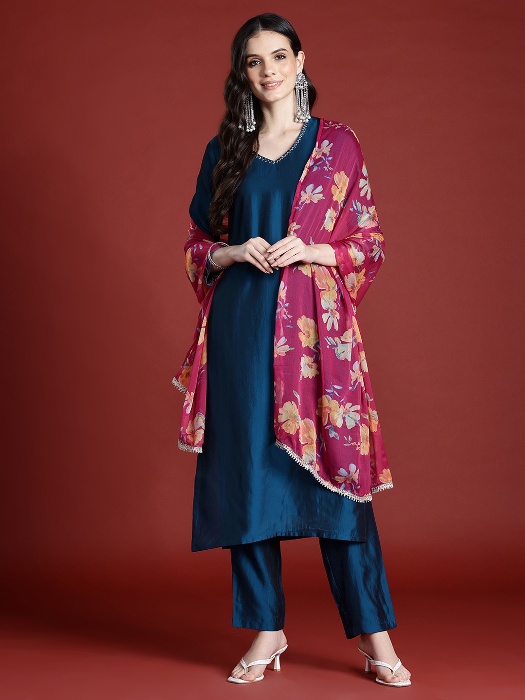 

Anouk Regular Gotta Patti Kurta with Trousers & With Dupatta, Blue