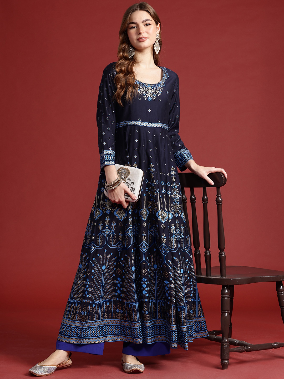 

Anouk Tyohaar Collection Ethnic Motifs Print Anarkali Kurta, Navy blue