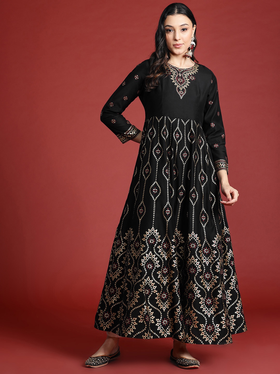 

Anouk Tyohaar Foil Ethnic Print Anarkali Kurta, Black