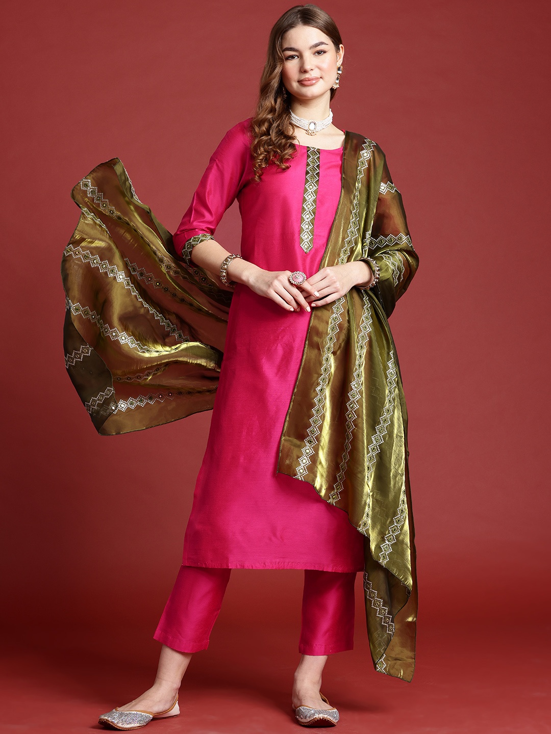 

Anouk Regular Kurta with Trousers & With Dupatta, Pink