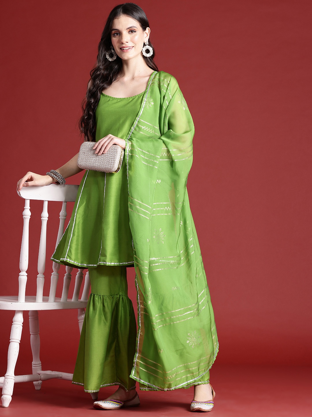 

Anouk Regular Kurta With Sharara & Dupatta, Green