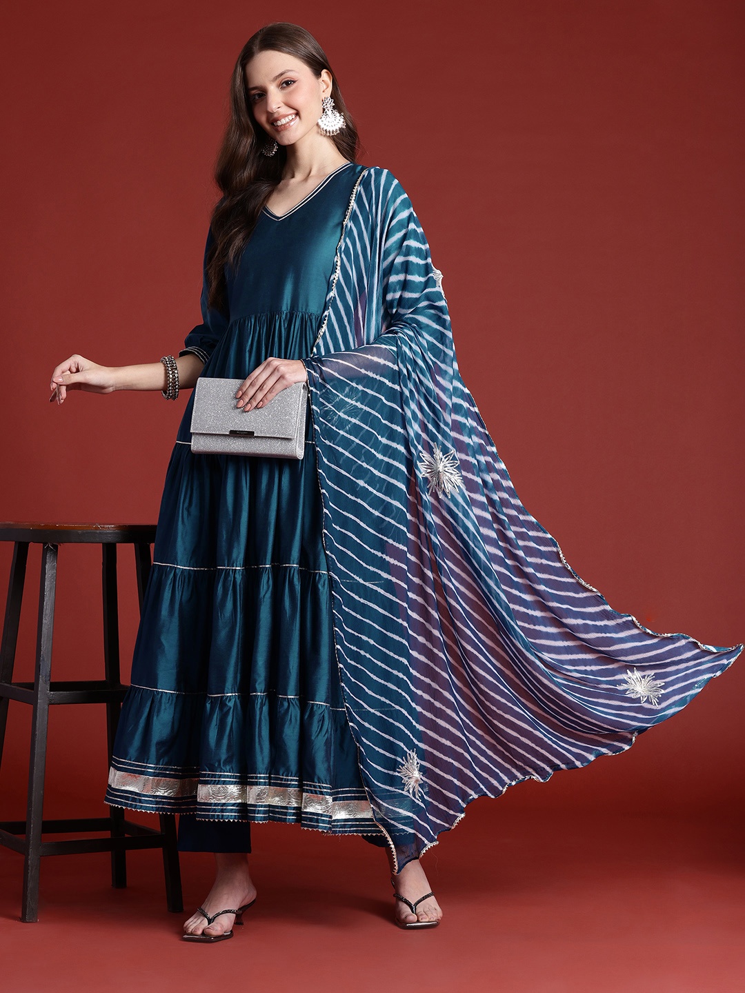 

Anouk Tiered Gotta Patti Detail Anarkali Kurta with Trousers & Dupatta, Navy blue