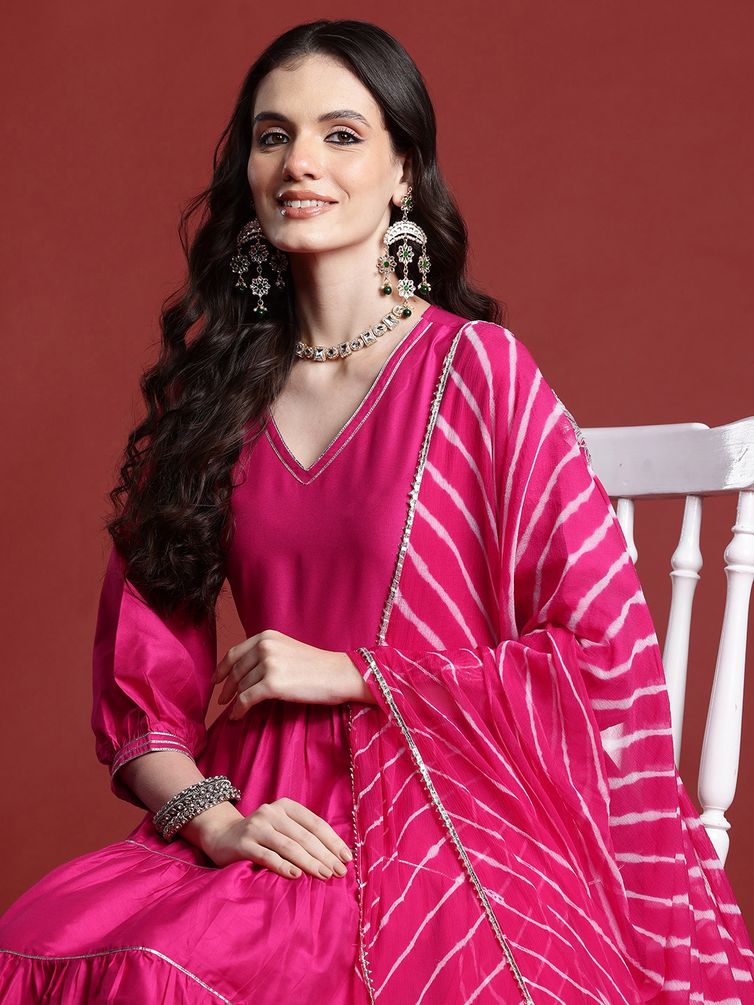 

Anouk Women Tiered Gotta Patti Kurta with Salwar & With Dupatta, Magenta