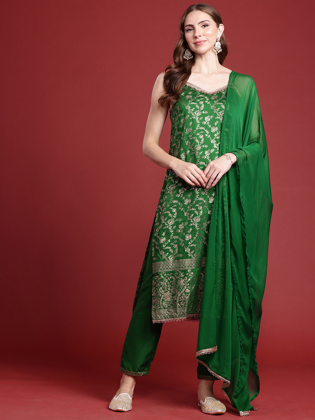 

Anouk Indie Floral Printed Shoulder Straps Kurta With Trousers & With Dupatta, Green