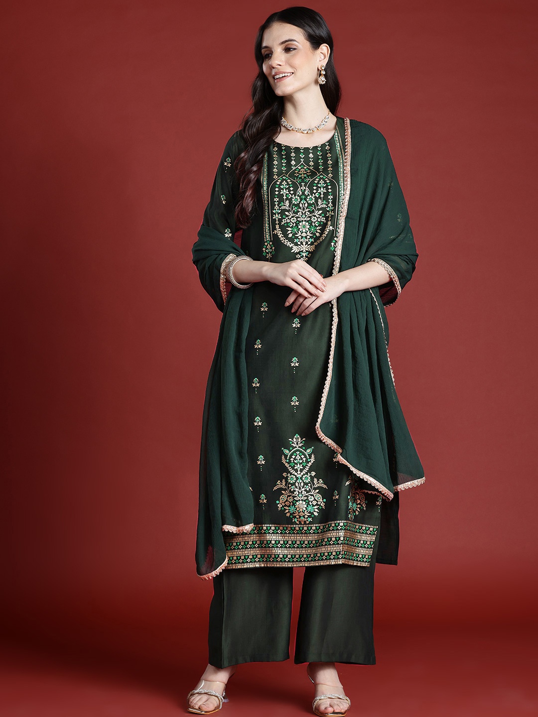 

Anouk Tyohaar Collection Printed Straight Kurta with Palazzos & Dupatta, Green