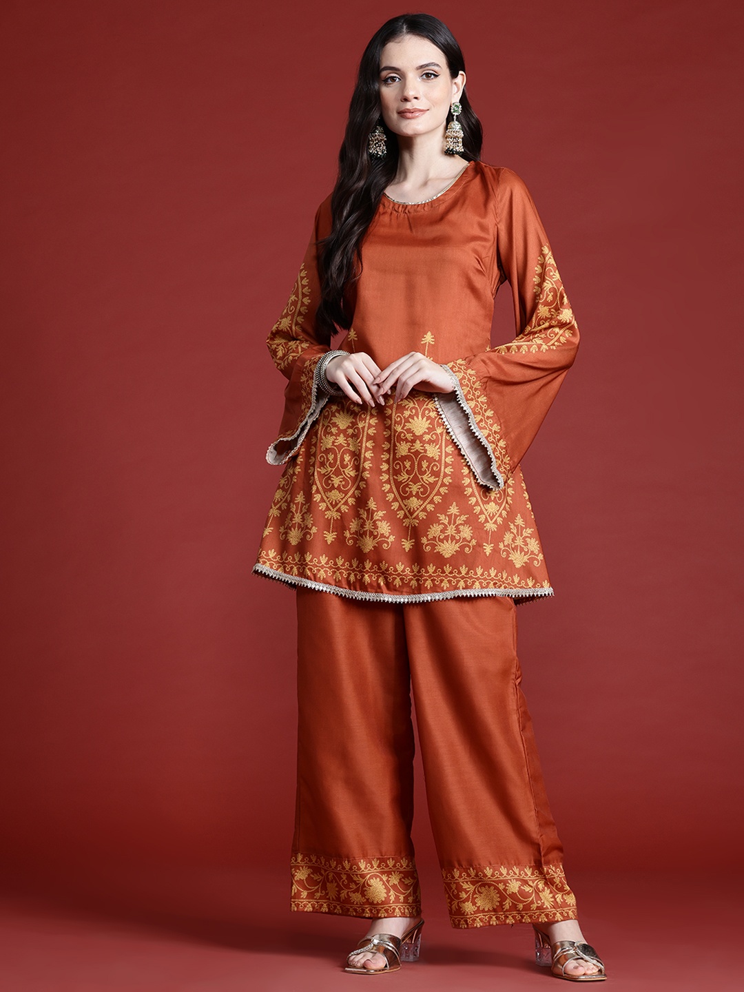 

Anouk Ethnic Motifs Print Gotta Patti Kurta with Palazzos, Rust