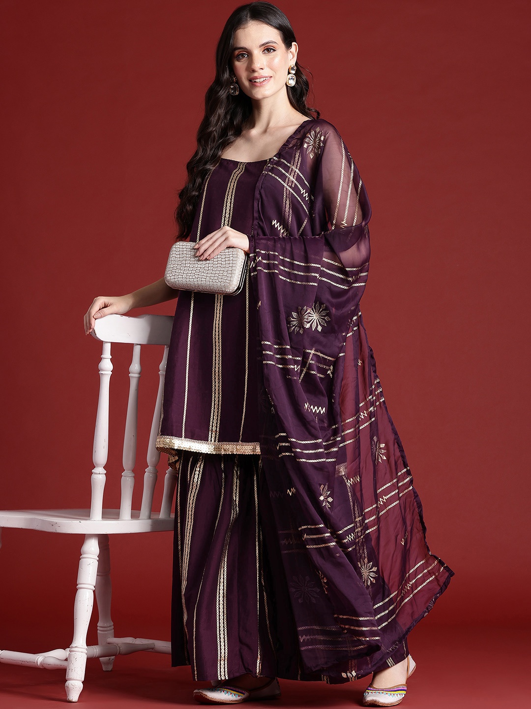 

Anouk Printed Regular Sequinned Kurta With Sharara & Dupatta, Burgundy
