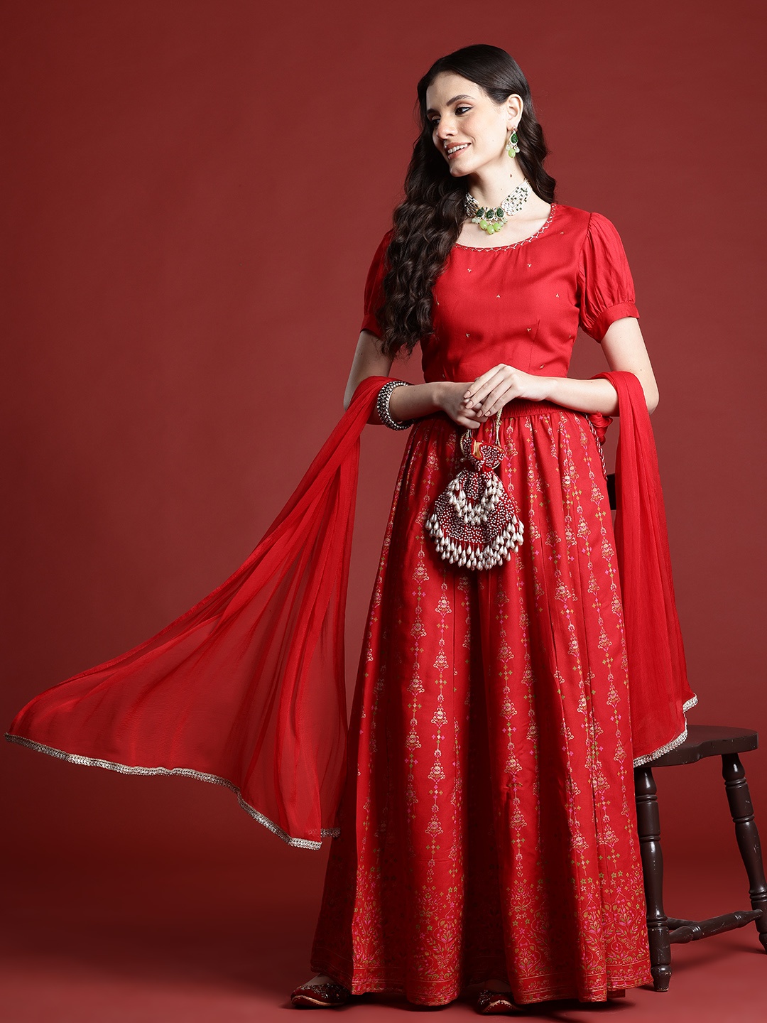 

Anouk Embellished Sequinned Ready to Wear Lehenga & Blouse With Dupatta, Red