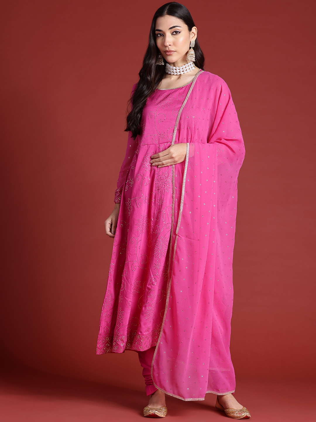 

Anouk Floral Beads Embellished Empire Style Anarkali Kurta with Churidar & Dupatta, Fuchsia