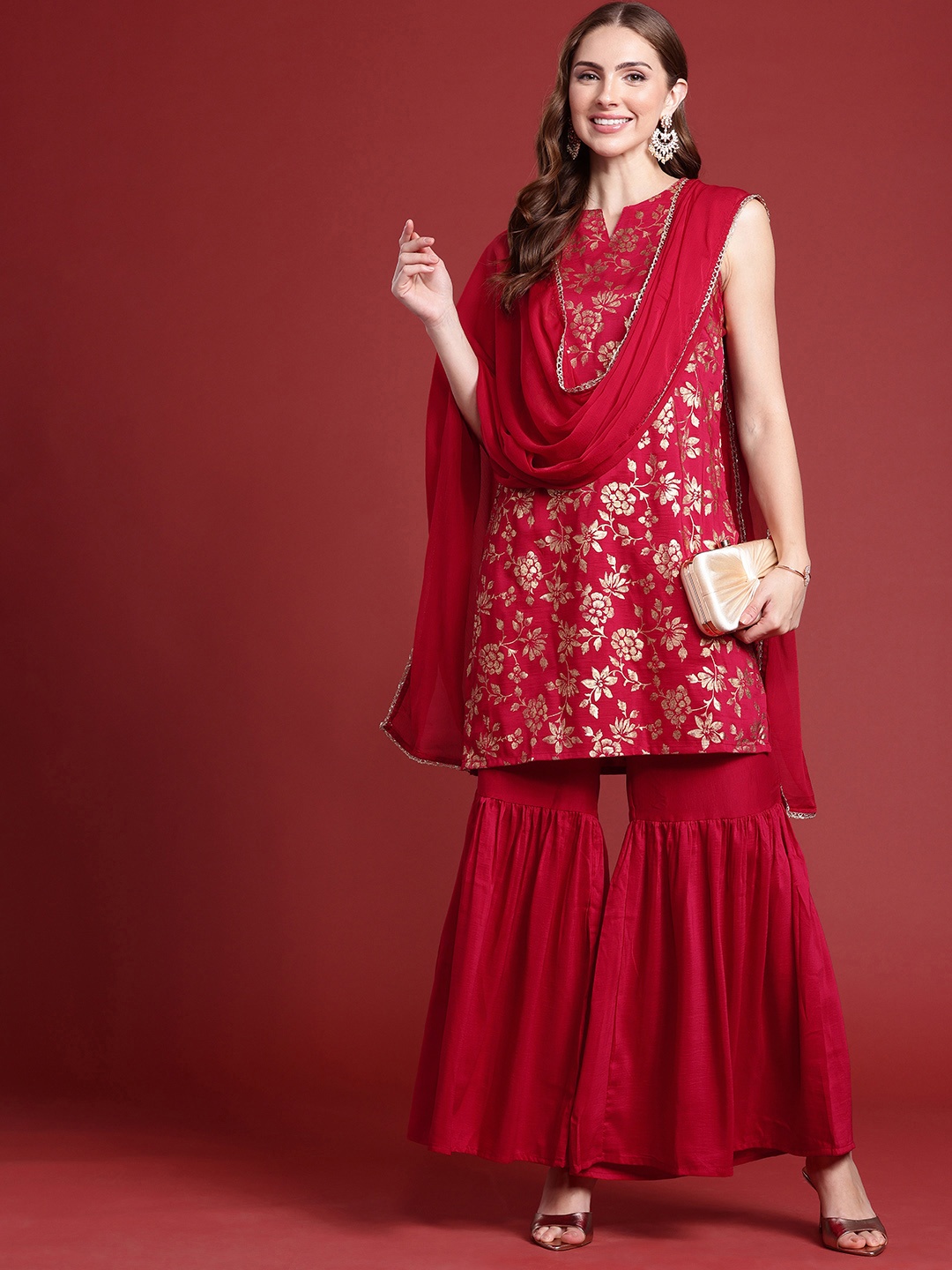 Anouk Indie Floral Printed Kurta With Sharara & With Dupatta, Red