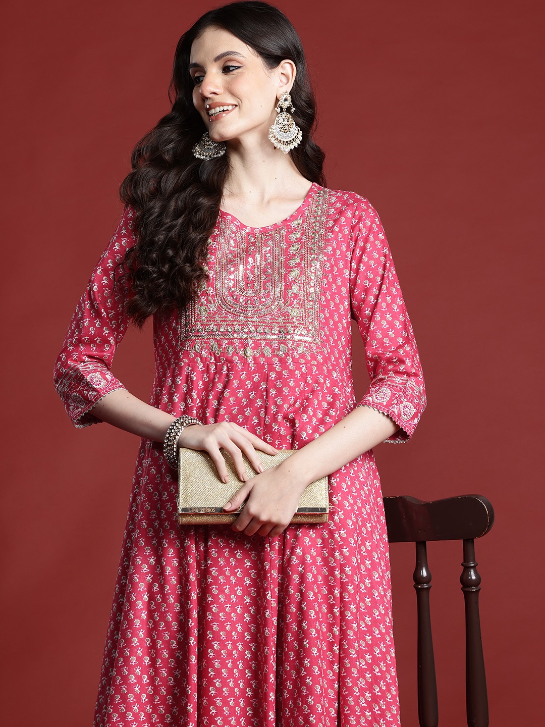 

Anouk Ethnic Motifs Print Sequinned Kurta, Pink