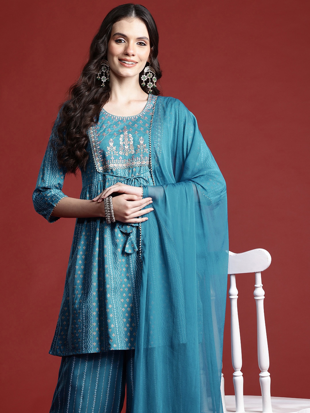 

Anouk Women Ethnic Motifs Printed Empire Thread Work Kurta with Palazzos & With Dupatta, Blue