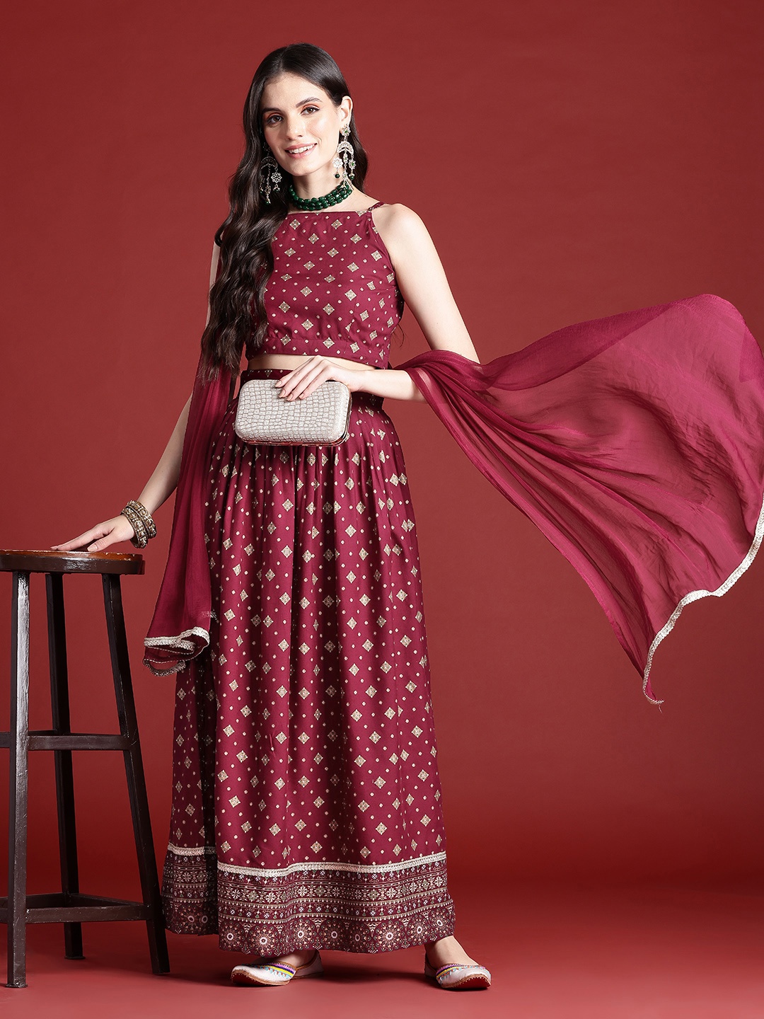 

Anouk Printed Ready to Wear Lehenga & Blouse With Dupatta, Maroon